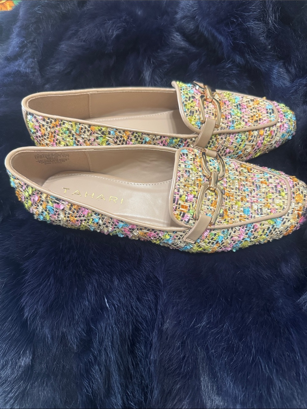 Tahari Multicolor Tweed Loafers with Tan Trim and Gold Chain Accent